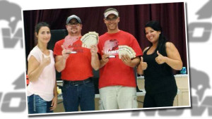 MFN Tournament organizers Crystel Vallee (left) and Jessica Naveau (right) surround tournament winners John Labine and Jeff Vipond.